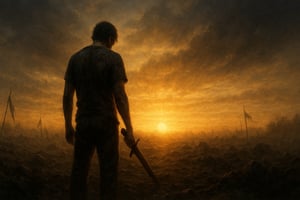 victorious warrior on the battlefield as the sun rises