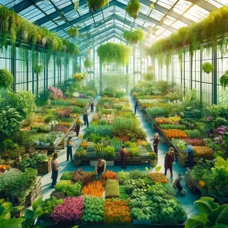 DALL·E 2024-06-23 17.15.16 - A vibrant greenhouse filled with lush, green plants, showcasing various vegetables and flowers in full bloom, with natural light streaming through the