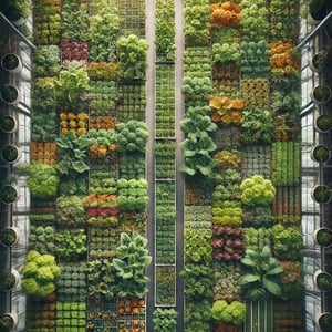 DALL·E 2024-06-23 17.15.44 - An overhead view of a lush greenhouse filled with rows of vibrant plants. The plants are arranged in neat rows, showcasing a variety of vegetables and