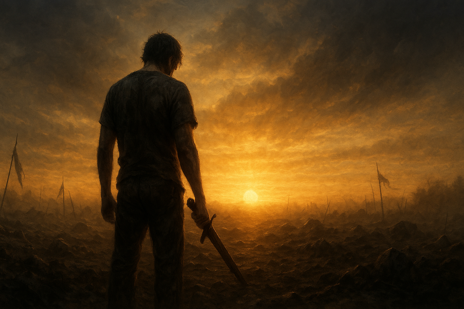 victorious warrior on the battlefield as the sun rises